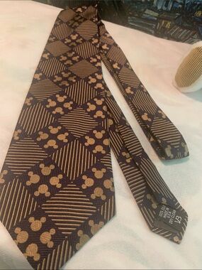 The Disney Store  Brown and Gold Patterned Men's Tie with Mickey Motif